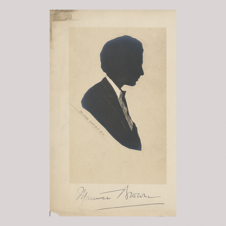 
        Front of silhouette, with man looking right, in suit, signed by the artist, and a inscription at the bottom.